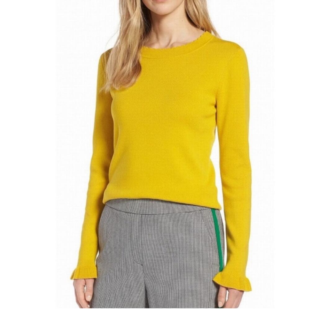 Halogen Yellow Scalloped Crew Neck Sweater Women’s Size Small Soft Knit